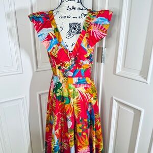 🌺 FARM Rio Red Floral V-Neck Midi Dress – Size S 🌺